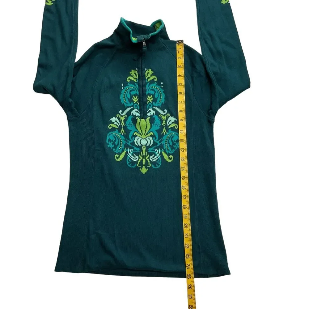 Athleta 1/4 Zip Floral‎ Knit Pullover Sweater Blue Green Thumbholes Size S Cozy